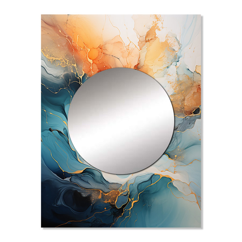 Amaunet bleu sarcelle, orange, flux audacieux abstrait Collage II - grand miroir mural, miroir unique bleu sarcelle, impression sur métal