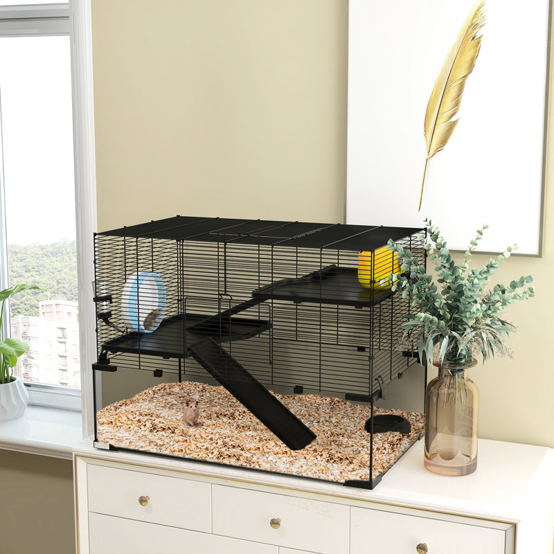 Habitation de hamster de 31 po, structure noire, bassin en verre, rampes, plateformes, cabane, roue d'exercice pour hamster, cage en acier