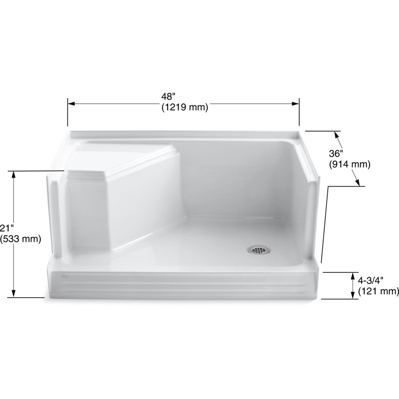 Base de douche 48 po x 36 po à simple seuil avec drain à droite et siège encastré à gauche Memoirs, Blanc