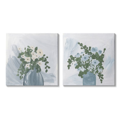 Painterly Blue Daises Flowers Plants Vase Abstract Florals par Lucillie Price - ensemble de 2 peintures