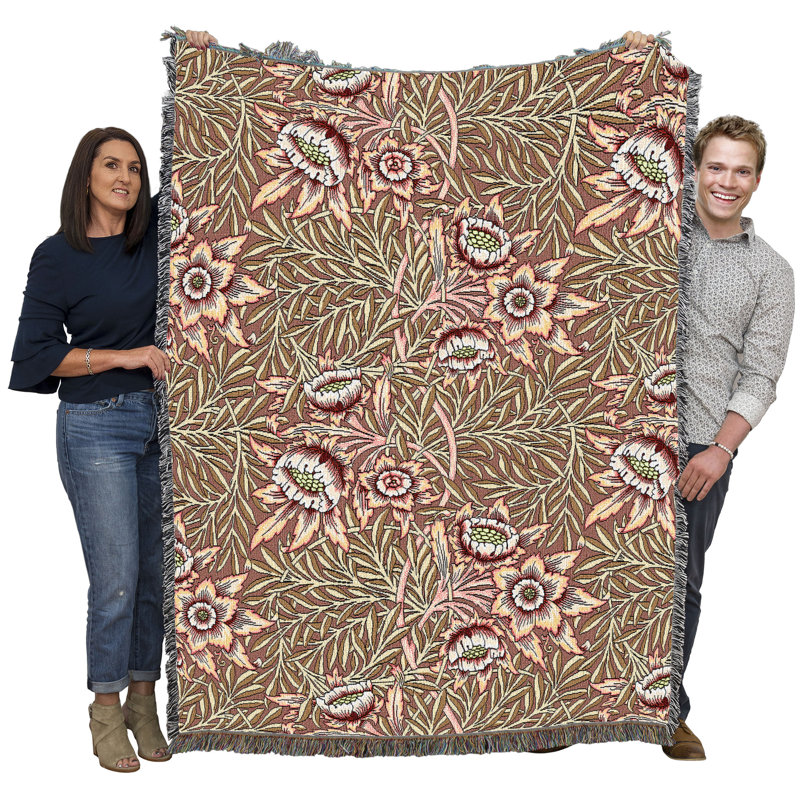 Couverture tulipe et rose poudreuse Pure Country Weavers William Morris - Artisanat d'art - Jeté en coton tissé en tapisserie