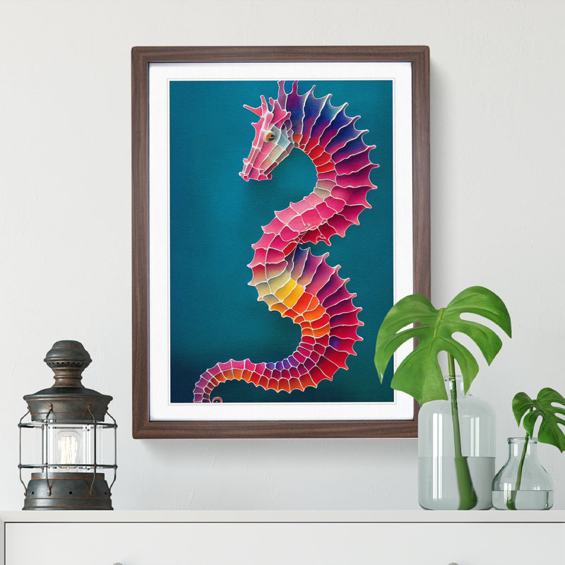 Seahorse In Colour No.2 - Single Picture Frame Painting, 46cm H x 34cm W x 2cm D, Walnut