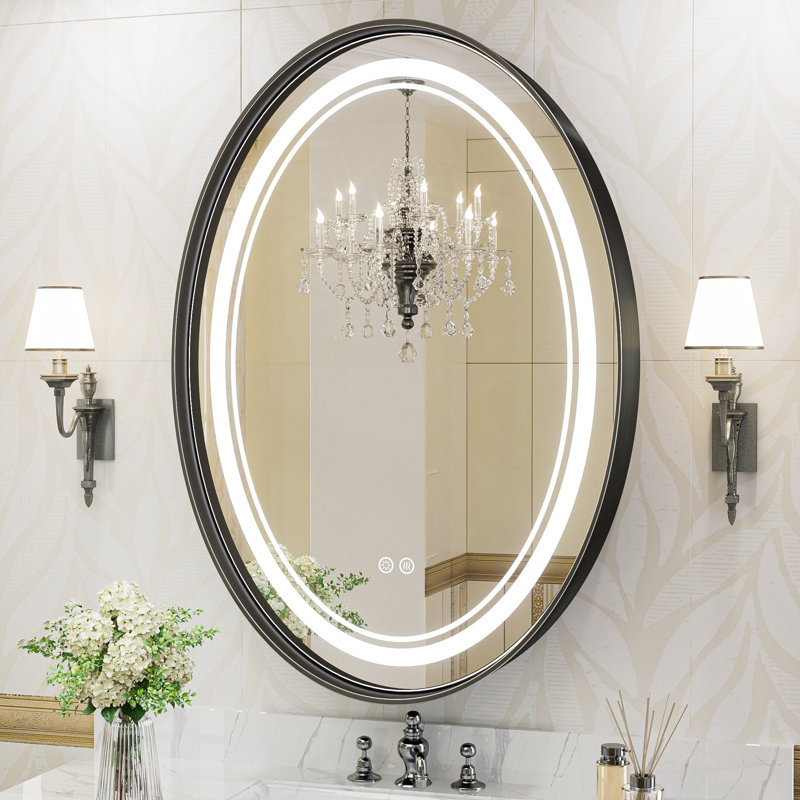 Vinia Oval LED Lighted Bathroom Vanity Mirror Dimmable and Anti-Fog Wall Mirror, Black, 36" x 24"