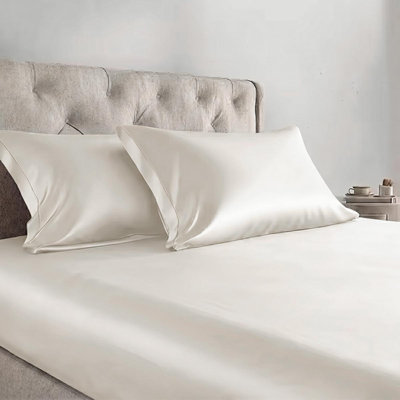 Satin King Sheets Set - 3 Piece White Silky Bed Sheets Set with 17-Inch Deep Pocket, Luxury Silk Feel Satin Queen Size Sheet Set