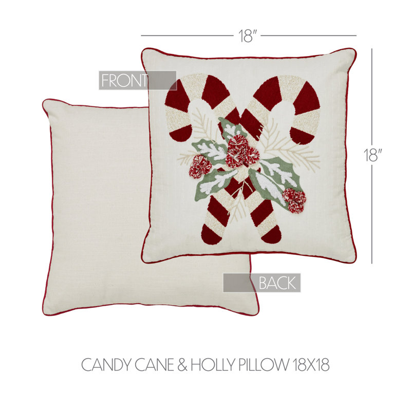 Oreiller en velours brodé Gingerbread House, Carré 18 po, Blanc / Rouge / Vert