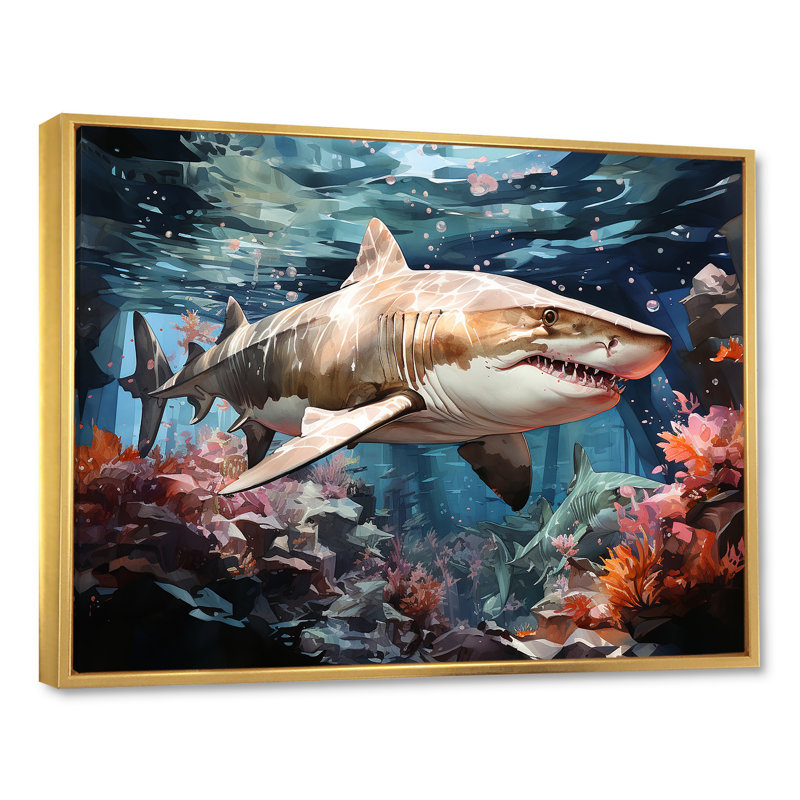 «Silent Hunter Sharks Portrait I», reproduction d'art mural plage et océan, Cadre flottant doré, H 16 po x l 32 po