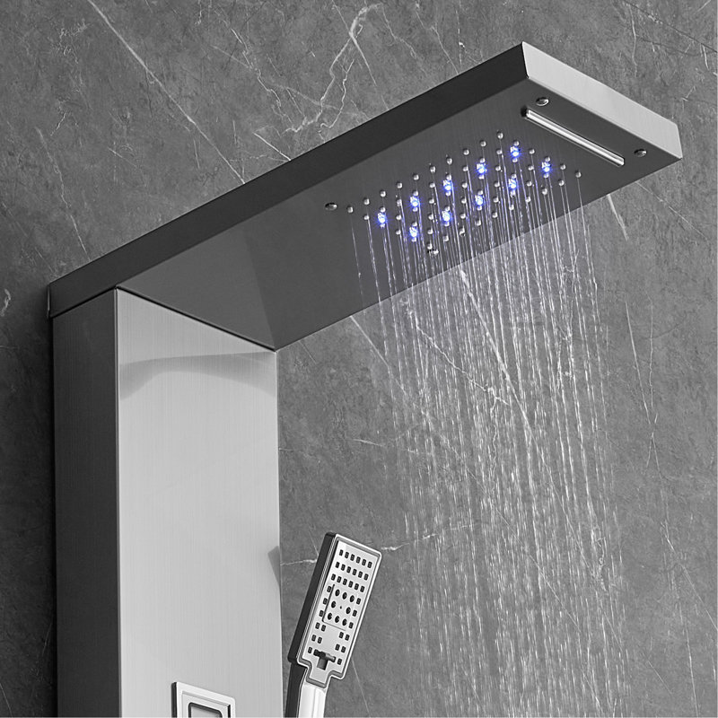 Shower Panel System, 6 Shower Modes, LED & Display Shower Panel Tower, Rainfall, Waterfall, 4 Body Massage Jets, Tub Spout, Handheld Shower Head 59" Hose, Stainless Steel Wall-Mounted Shower Set