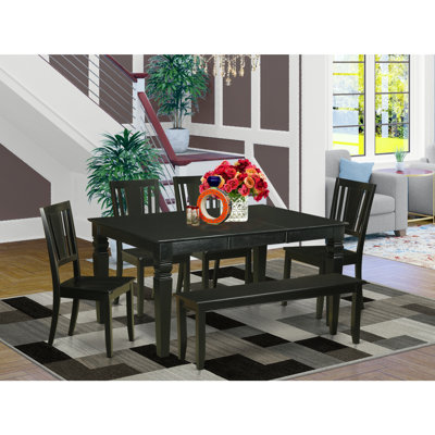 Rectangle Black Finish Solid Wood Top dining Table with 1 Bench and 4 Chairs with Lattice Back