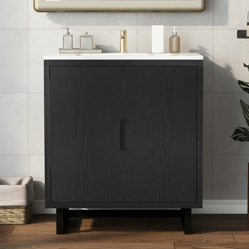 Ensemble de meuble-lavabo 30 po en bois massif avec lavabo et armoire de rangement, Noir