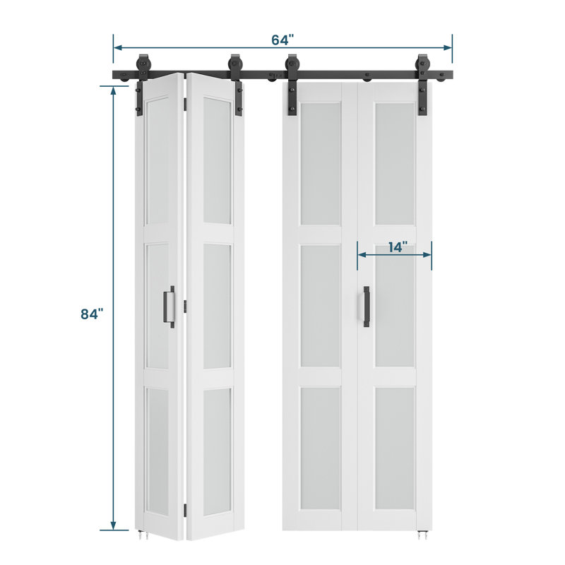 3 portes de grange pliantes en verre givré à 3 portes doubles avec ensemble de quincaillerie d'installation 84 po