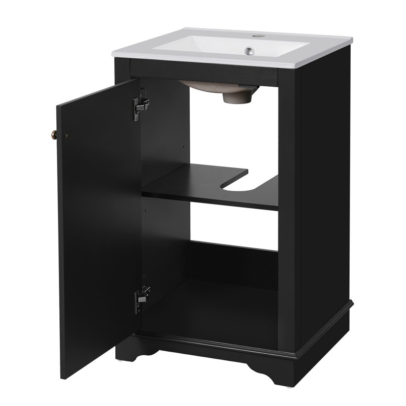 Ensemble de meuble-lavabo sur pied 20 po avec lavabo en céramique, ensemble de meuble-lavabo simple autoportant avec porte à fermeture douce, tablette réglable, style moderne, noir.