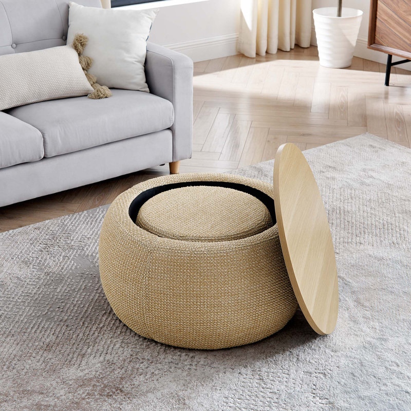 Round Storage Ottoman,Woven Rattan Fabric Ottoman,2 In 1 Function,Work As End Table And Ottoman,With Small Seat-Nature