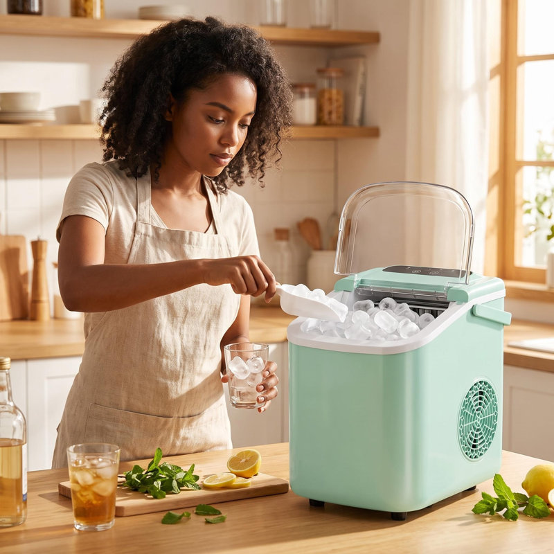 Machine à glaçons de comptoir portable vert menthe, débit de glace rapide de 6 minutes, autonettoyant intégré, fonctionnement silencieux de 40 dB avec couvercle transparent et poignée de transport pour la maison, le camping et le bar
