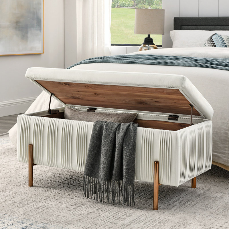 Banc de rangement en velours avec placage en bois de cèdre, Beige