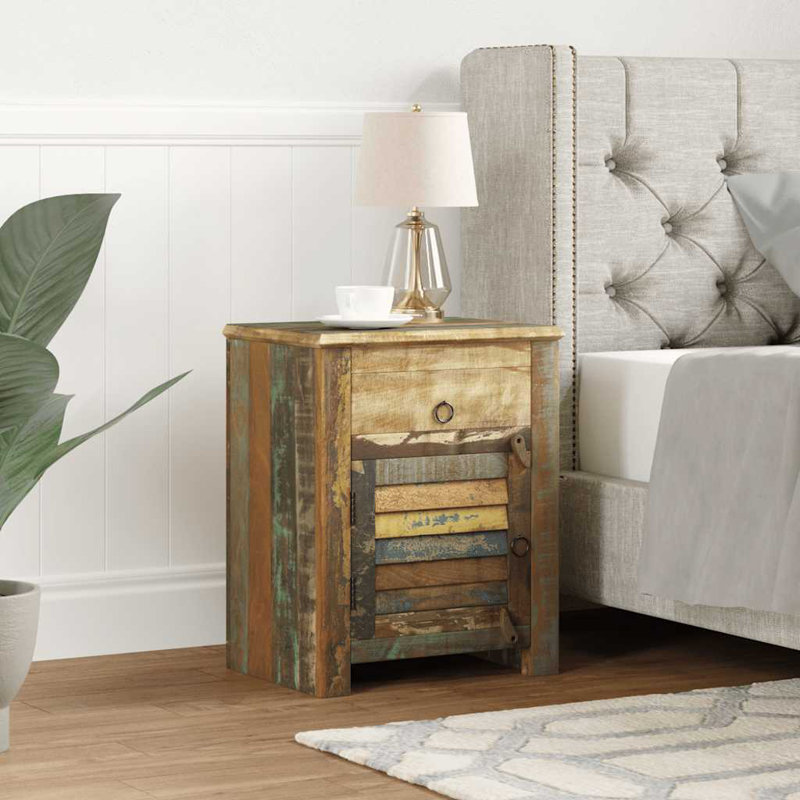 Table de bout avec 1 tiroir et 1 porte, armoire faite à la main, bois massif récupéré 17,7 x 13 x 21,7 pouces