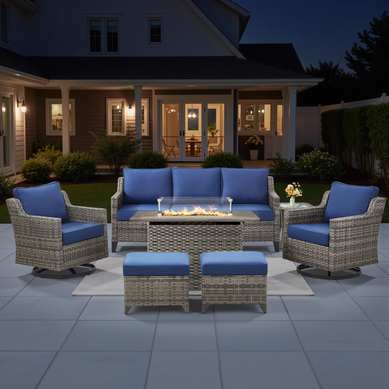 7 Pieces Patio Furniture Set With Fire Pit Table, Wicker Patio Conversation Set With Swivel Rocking Chairs, Outdoor Patio Set For Lawn Backyard Porch