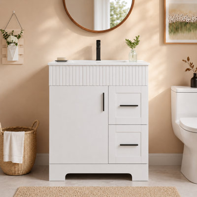 30-Inch Bathroom Vanity with Ceramic Sink – Freestanding Storage Cabinet with Door and 2 Drawers, Wooden Design in White Finish