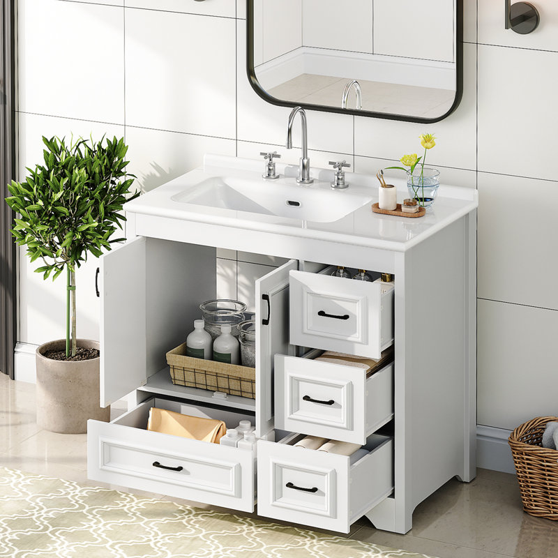 Modern Single Bathroom Vanity with Ceramic Top, Drawers and Cabinet