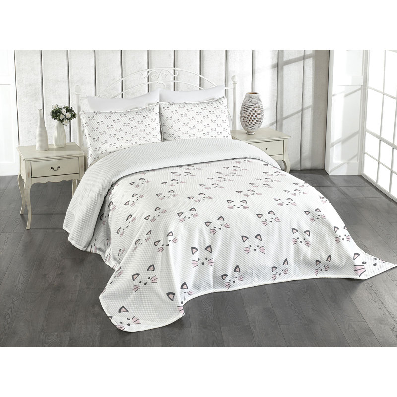 Gray and Pale Pink Quilted Queen Bedspread Set with Pillow Shams