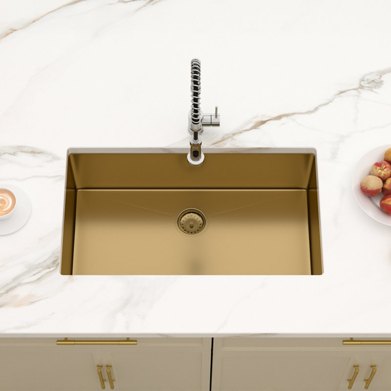 32" L x 19" W Undermount Kitchen Sink 16 Gauge Stainless Steel Single Bowl Sink, Gold