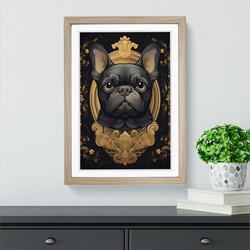 French Bulldog Nouveau - Single Picture Frame Print on Wood, Oak Framed, 64cm H x 46cm W