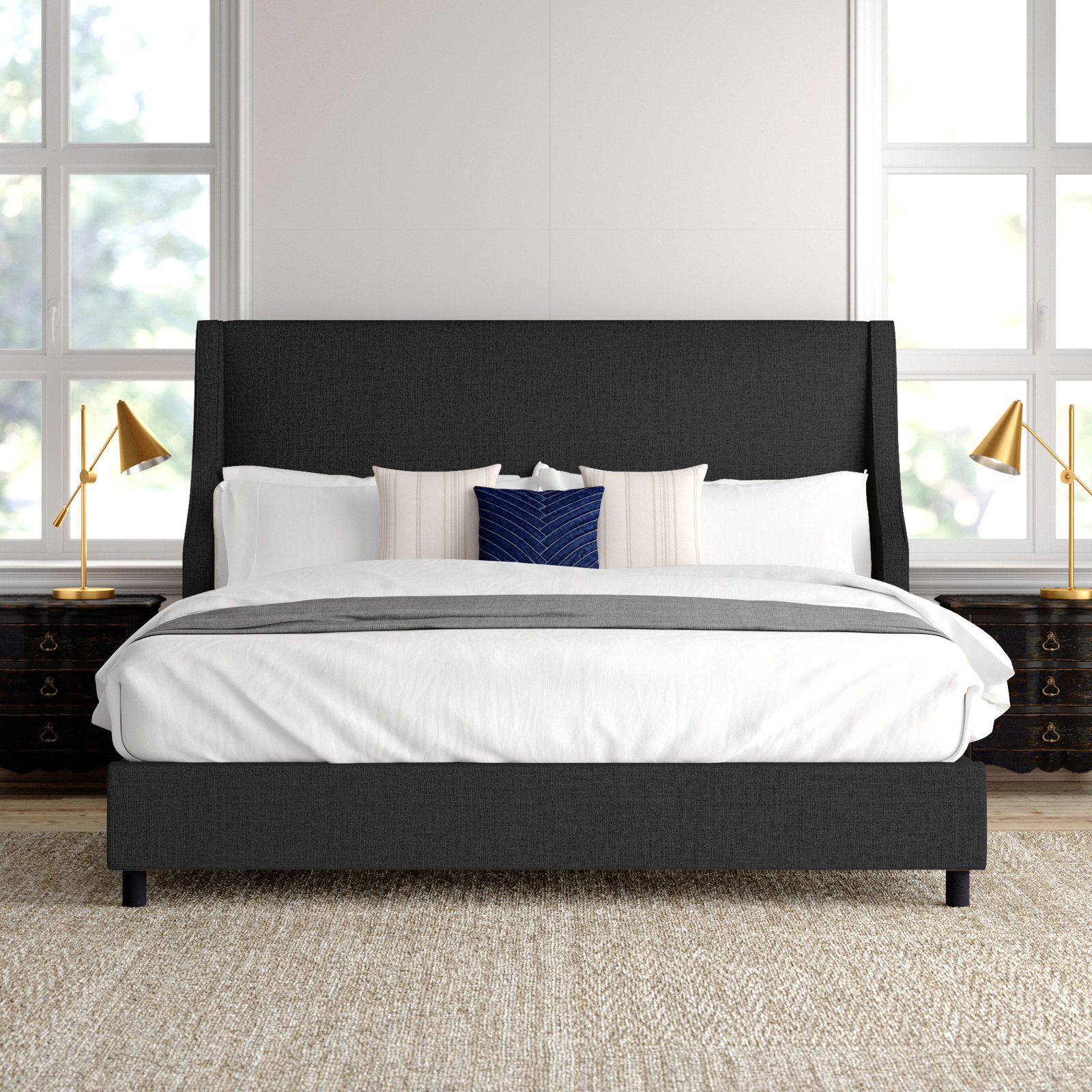 Bernadine Upholstered Wingback Bed, Twin, Classic Linen Black
