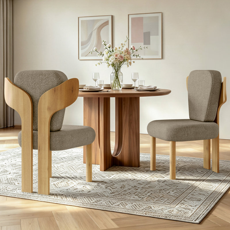 Brayden Upholstered Dining Side Chair with Wooden Legs (Set of 2), Tan, Natural Wood