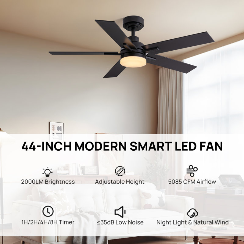 44 In. Industrial Indoor Black Ceiling Fan With Dimmable Led Light And Remote Included, Black, Black