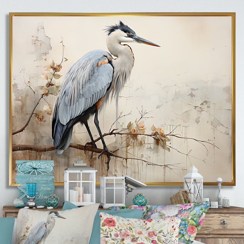 «Majestic Blue Heron Horizon III», reproduction sur toile, Cadre flottant doré, H 16 po x l 32 po