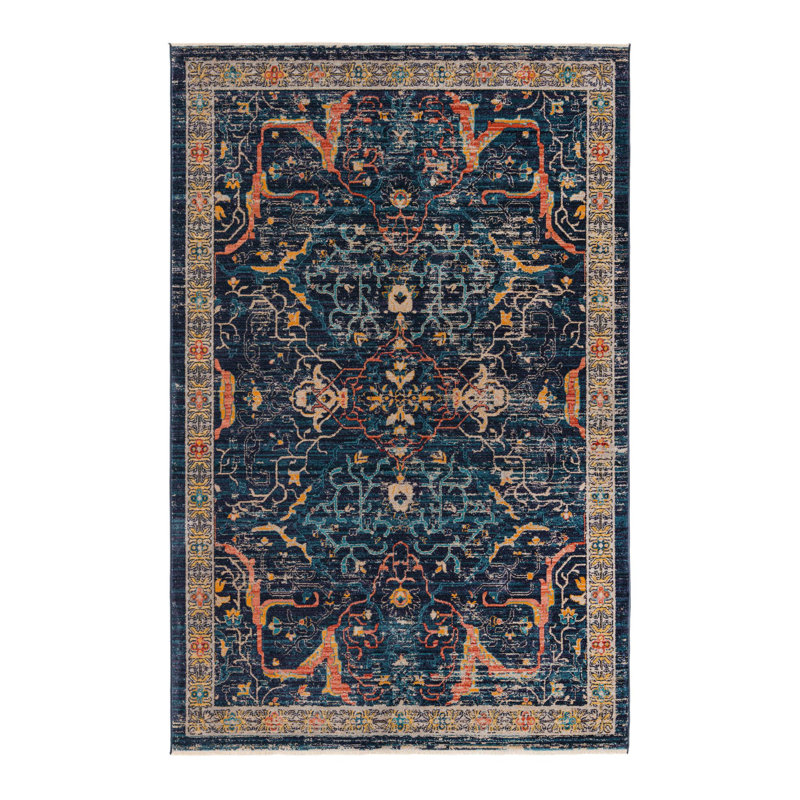 Tapis bleu marine à motif floral Alkire, Rectangle 6 pi x 9 pi 2 po