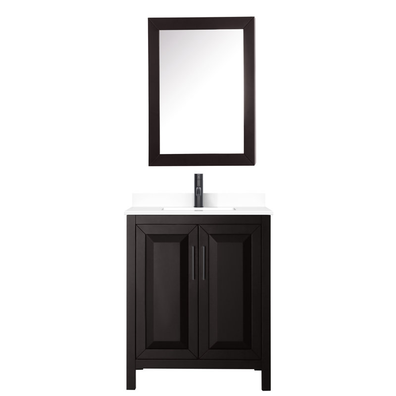 Ensemble de meuble-lavabo simple 30 po avec miroir Daria, Marbre de culture blanc, Espresso foncé, Chrome poli