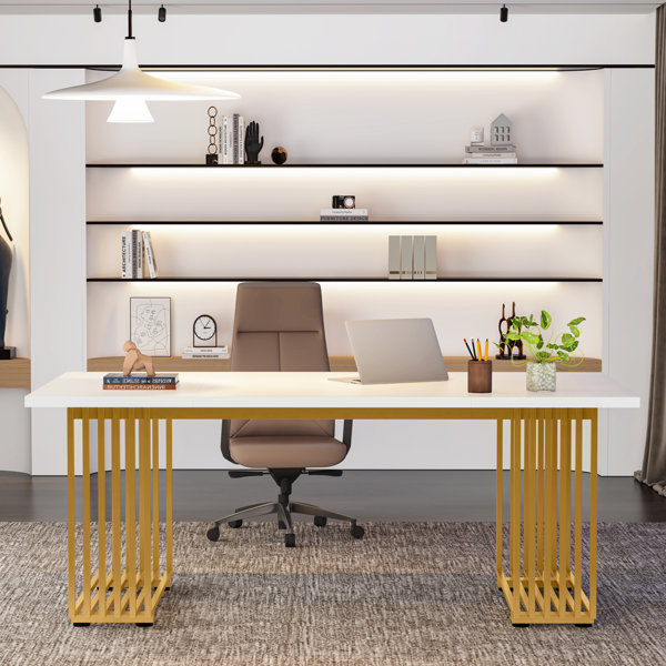 Mercer41 70.9 Modern Office Desk, White Executive Desk With Gold Metal Frame , Desks