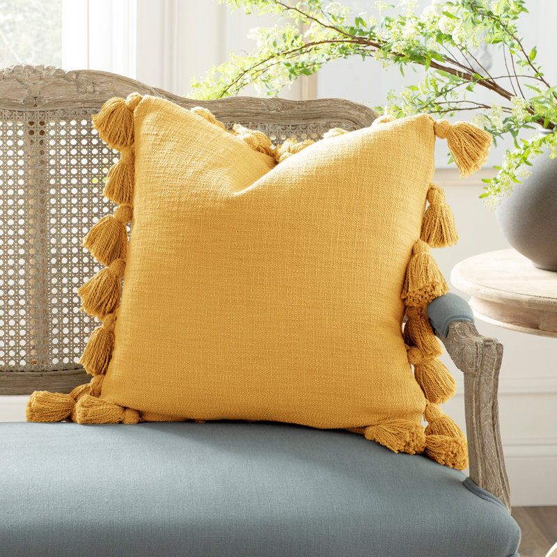 Woven Cotton Slub Pillow with Tassels, Mustard