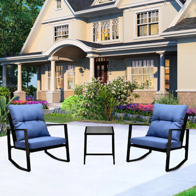 Ensemble de conversation d'extérieur pour 2 personnes - bistro à coussin bleu pour le jardin, la terrasse, la chaise berçante près de la piscine 3 pièces avec coussins