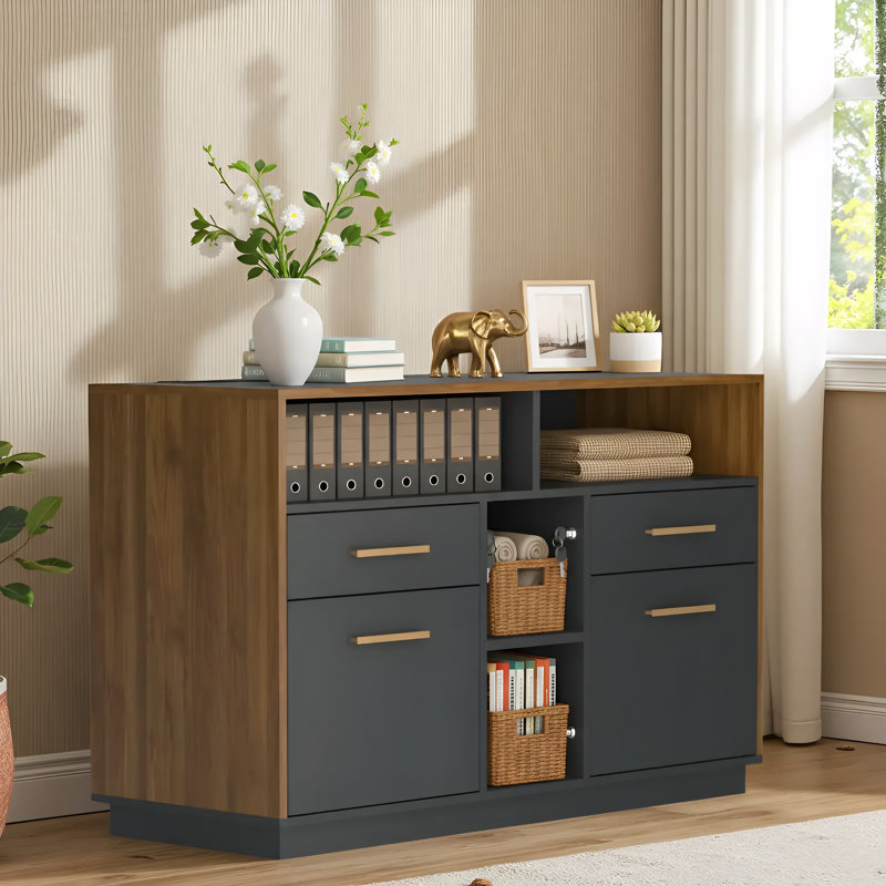 Adonia 41.3"W 4 Drawer Lateral File Storage Cabinet, With Lock, Power Strip, Storage Shelves For Home Office, Walnut/Black