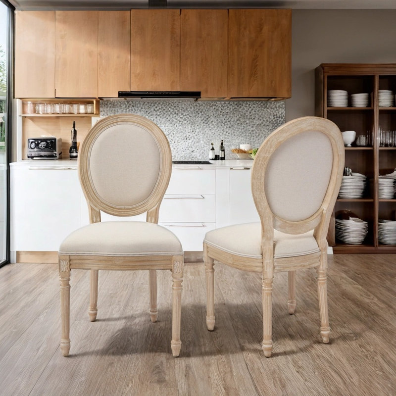 Chaise de salle à manger 2 pièces avec structure en bois massif et revêtement en coton et lin