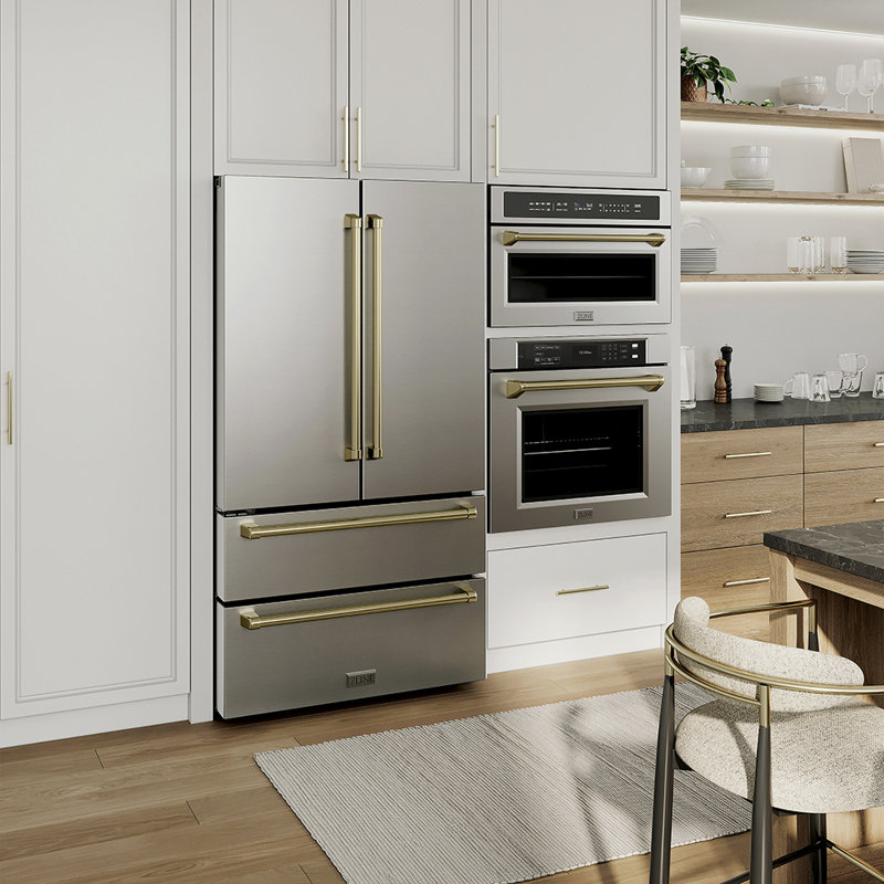 ZLINE 36" Autograph Edition 22.5 cu. ft Freestanding French Door Refrigerator with Ice Maker in Fingerprint, Champagne Bronze
