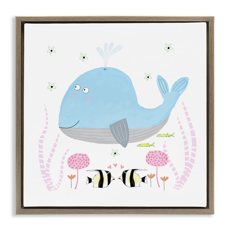 Cadre flottant bébé baleine et fleurs, design par Carla Daly, Cadre flottant orme Montalcino, H 18 po x l 18 po