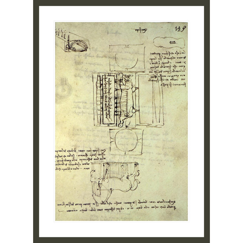Croquis de la fosse de coulée pour le cheval Sforza vu de dessus et le côté suivant. «149r from the Codex Madrid I» par Leonardo da Vinci, impression giclée encadrée