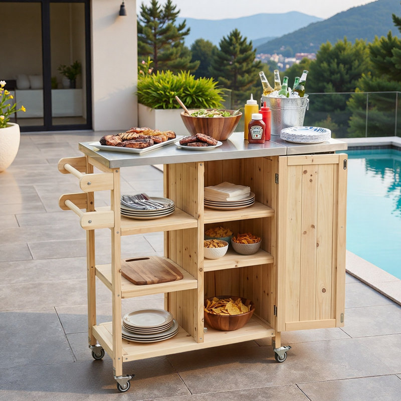 Îlot de cuisine extérieur pliable avec roulettes verrouillables, armoire de rangement et porte-serviettes, Naturel