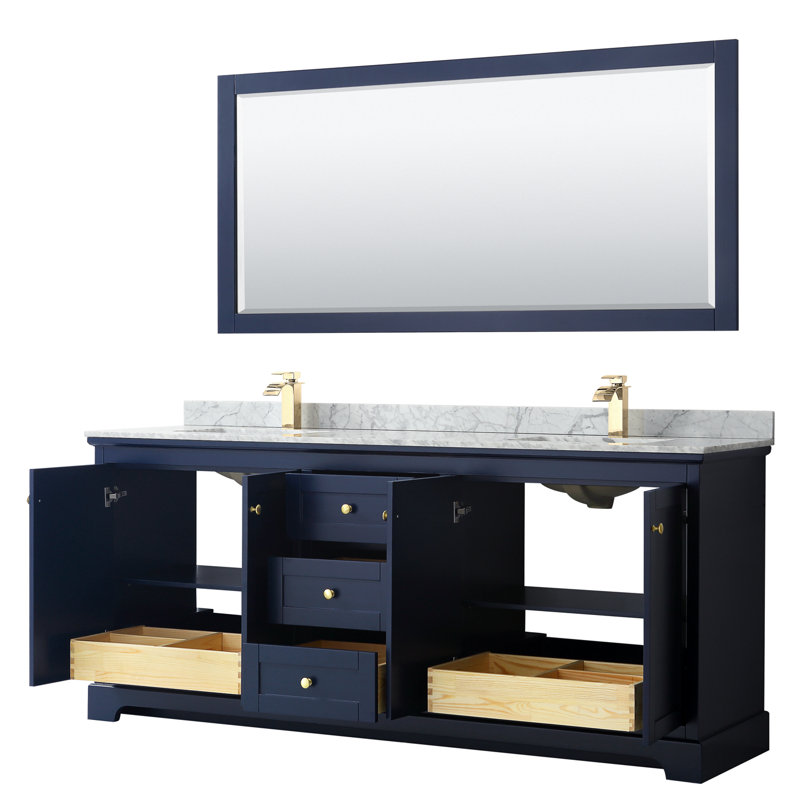 Avery 80'' Double Bathroom Vanity with Stone Top, Dark Blue, Brushed Gold