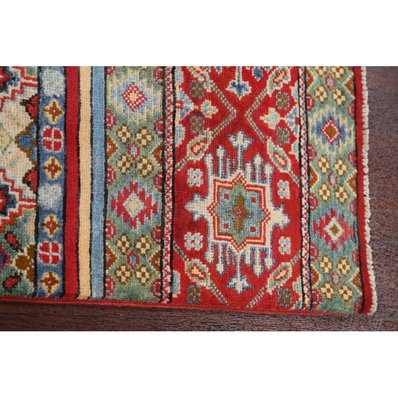 Tapis rouge en laine noué à la main de conception unique 2 pi 10 po x 4 pi 3 po