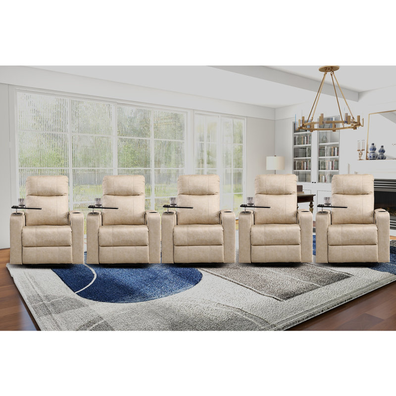 33.1'' Wide Modern Faux Leather Power Reclining Home Theater Individual Seat with Cup Holders (Set of 5), Beige
