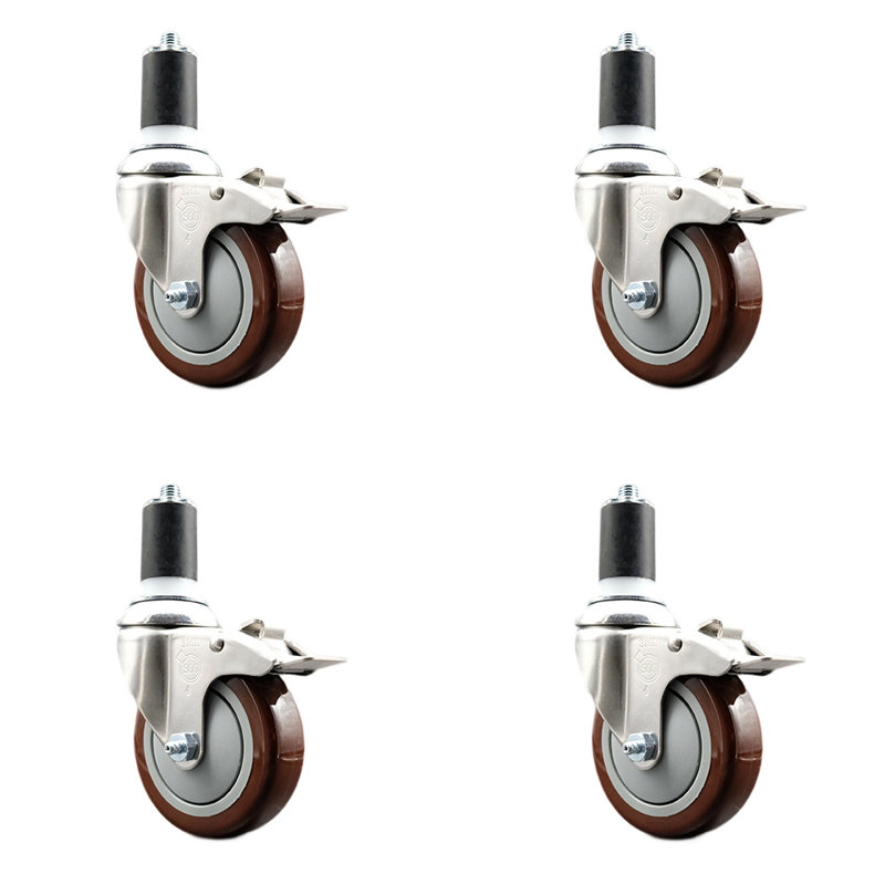 Poly Swivel Expanding Stem Caster Set Lock Brake, 4" H x 4" W, Maroon