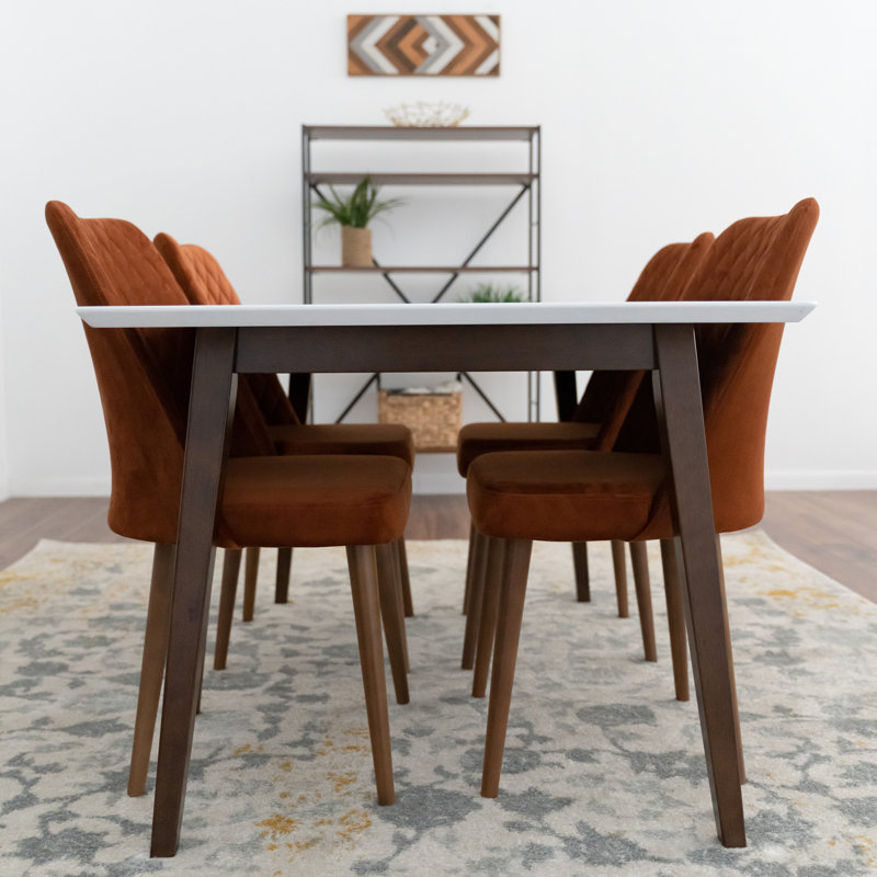 Fredy 4 - Person White Top Solid Wood Dining Set with Velvet Upholstered Chairs, 29.7" H x 63" L x 35.4" W, Orange