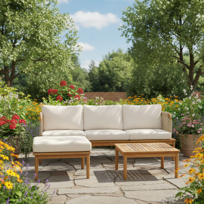Teak And Beige Outdoor Sofa, Acacia Wood Rope, 3-Piece Patio Set
