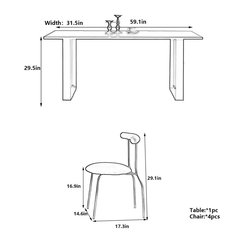 Table de salle à manger Minimalist, H 29,5 po x L 59,1 po x l 31,5 po