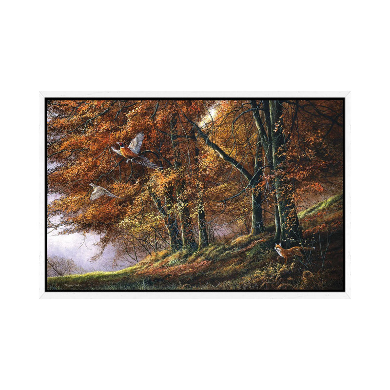 Autumn - Fox And Pheasants by Jeremy Paul - Painting on Canvas, 66.04cm H x 101.6cm W x 3.81cm D, White Framed