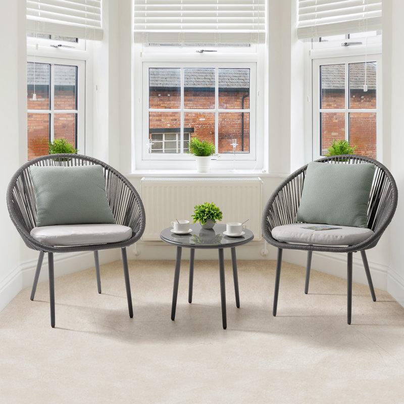 Kulp 3-Piece Patio Bistro Set, Outdoor Conversation Chair Set Balcony with Tempered Glass Coffee Table and Light Gray Cushions, Water-Resistant Woven Rope for Poolside