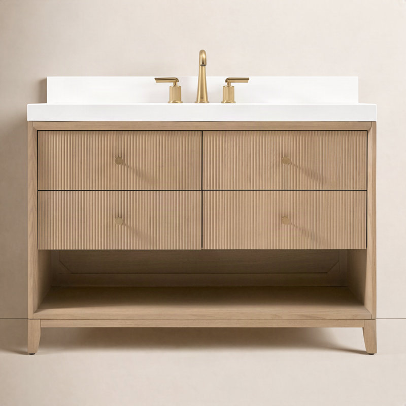 Meuble-lavabo simple autoportant de 48 po avec comptoir en quartz blanc et sous-comptoir Momo, Chêne, 48"